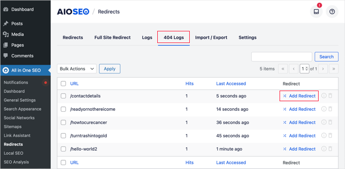 Click 404 Logs menu option Click 404 Logs menu option