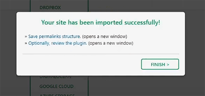 Messaggio di ripristino riuscito in All in One WP migration Messaggio di ripristino riuscito in All in One WP migration