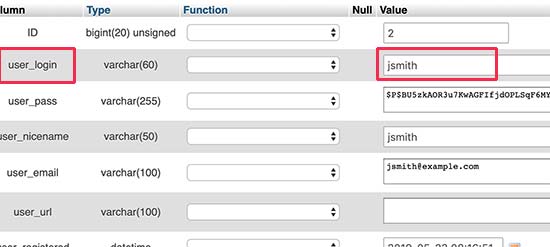 Change WordPress username in phpMyAdmin Change WordPress username in phpMyAdmin