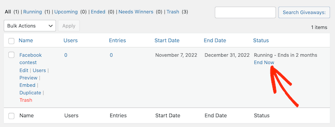 Closing a giveaway in the WordPress dashboard Closing a giveaway in the WordPress dashboard
