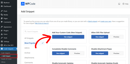 Aggiungi un nuovo snippet personalizzato in WPCode