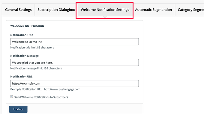 Configuración de la notificación de bienvenida Configuración de la notificación de bienvenida