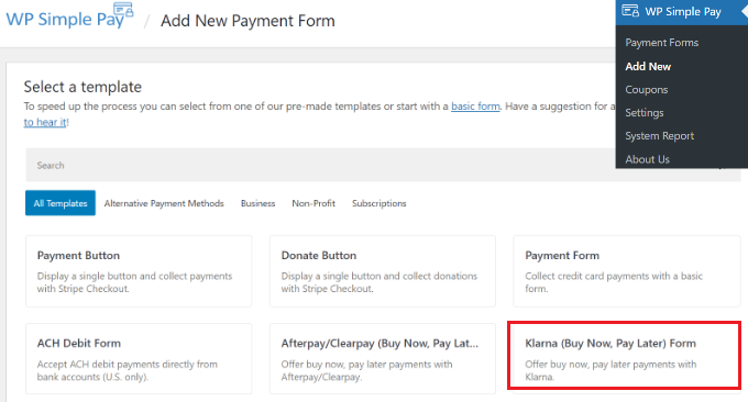 Select Klarna form template Select Klarna form template