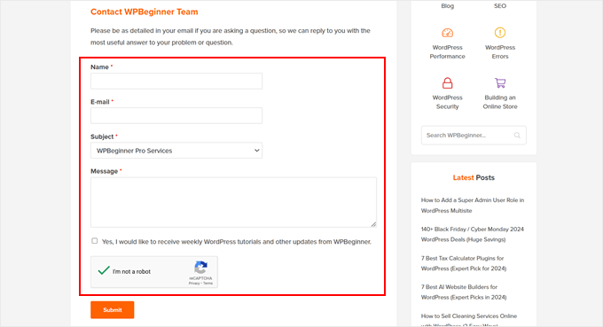 Formulário de contato do WPBeginner